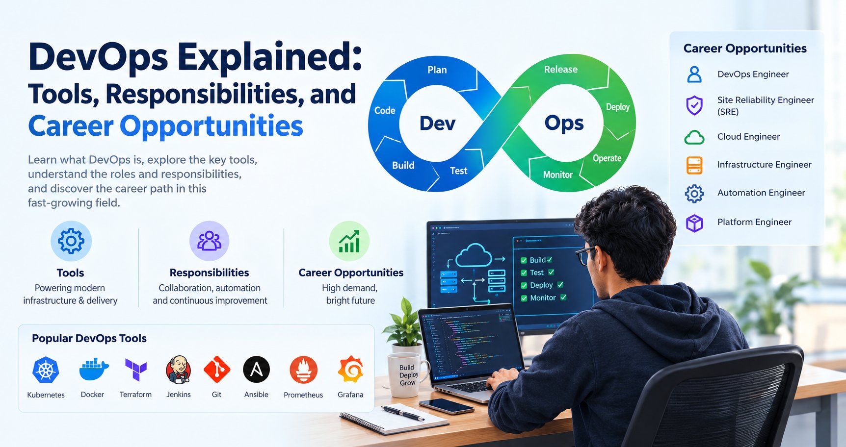 DevOps tools and workflow showing Git, CI/CD pipelines, Docker, Kubernetes, Terraform, cloud infrastructure, and application monitoring.